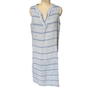 Helen Jon 100% Linen Striped Blue Midi Dress Size Large